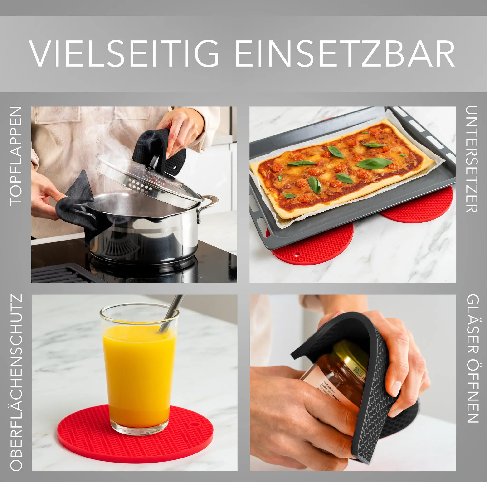 AVANA Silikon Untersetzer – 4er Set (2x Rund, 2x Vier­eckig) – Rot